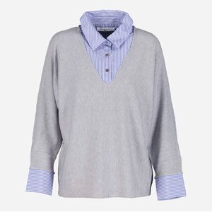 Sioni Gray V-Neck Sweater with Blue Stripe Shirt Detail twofer